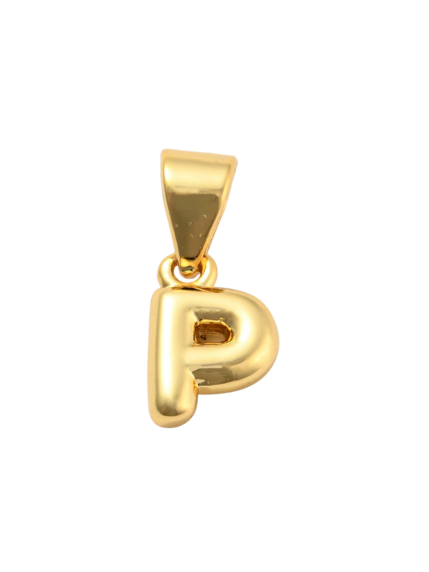 Front of the Gold Mini 18K Bubble Letter "P" Charm