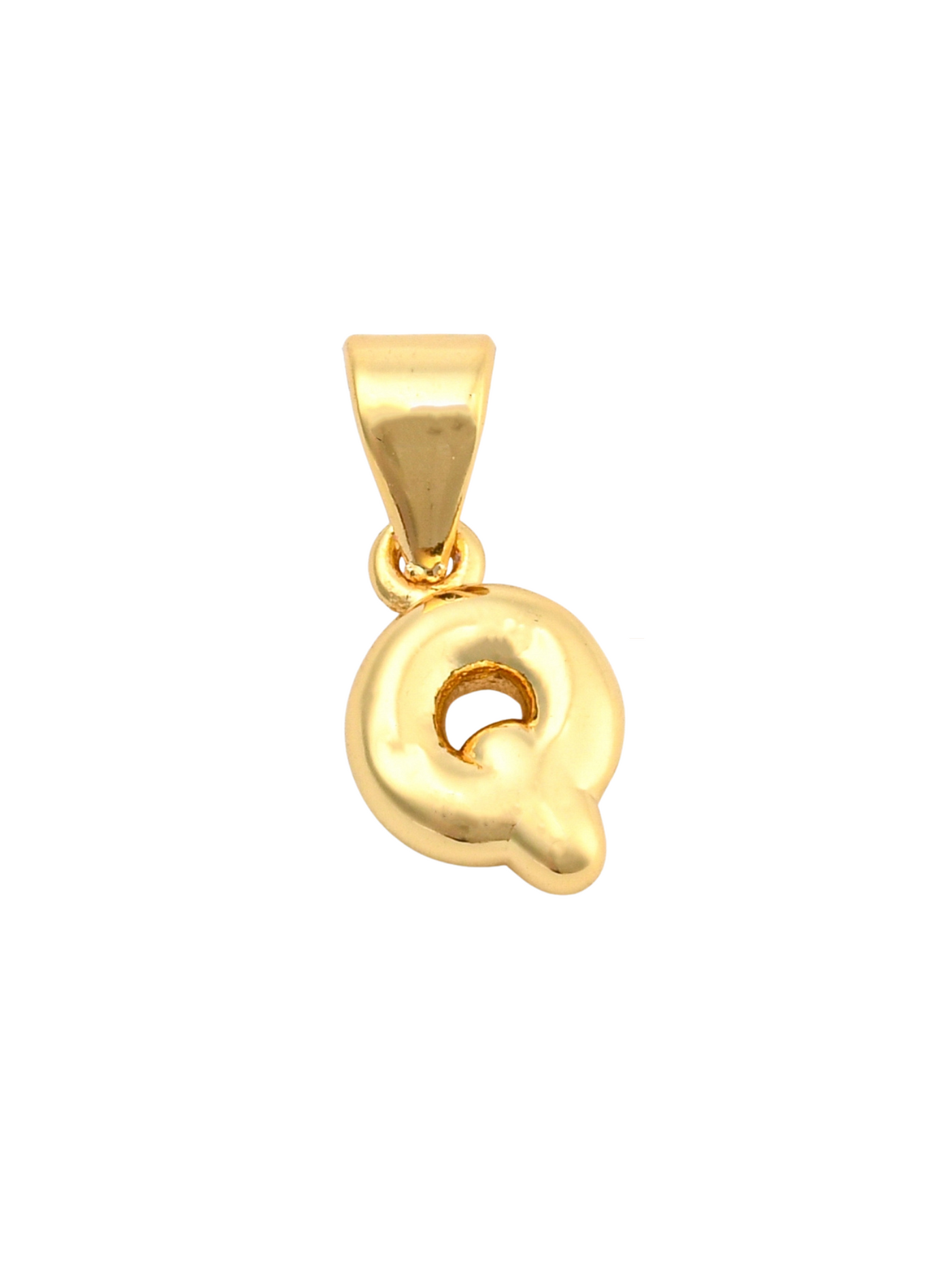 Front of the Gold Mini 18K Bubble Letter "Q" Charm