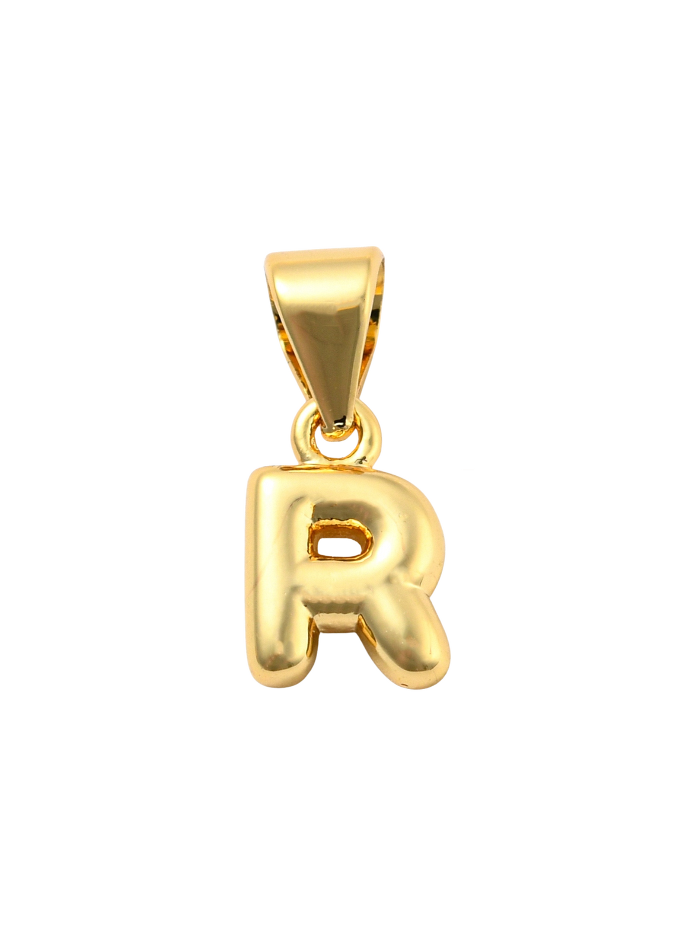 Front of the Gold Mini 18K Bubble Letter "R" Charm