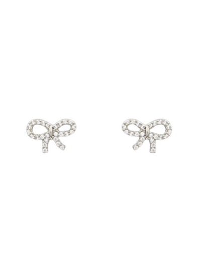 Crystal Bow Earrings in silver on white background.