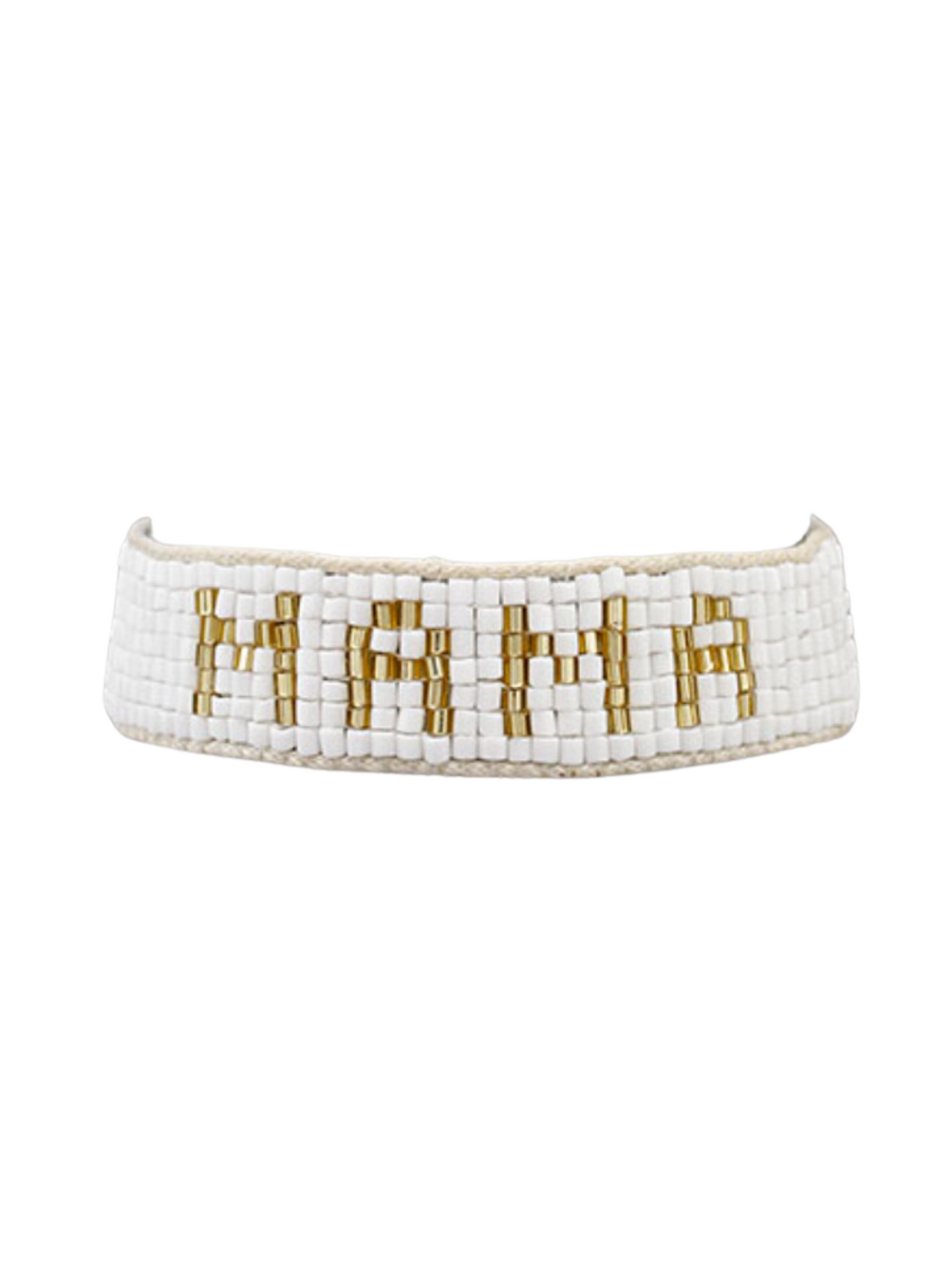 "MAMA" Beaded Bracelet on white background.