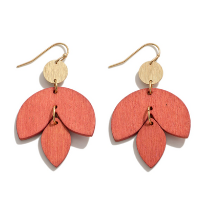 Wooden Leaf Earrings in orange.