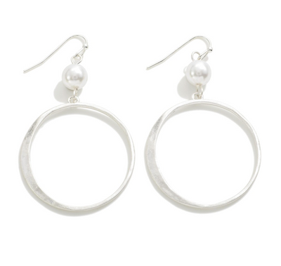 Pearl and Worn Circle Drop Earrings in silver.