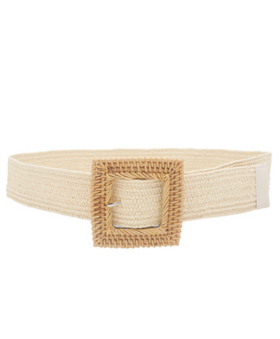 Square Rattan Buckle Straw Belt in ivory on white background front view.