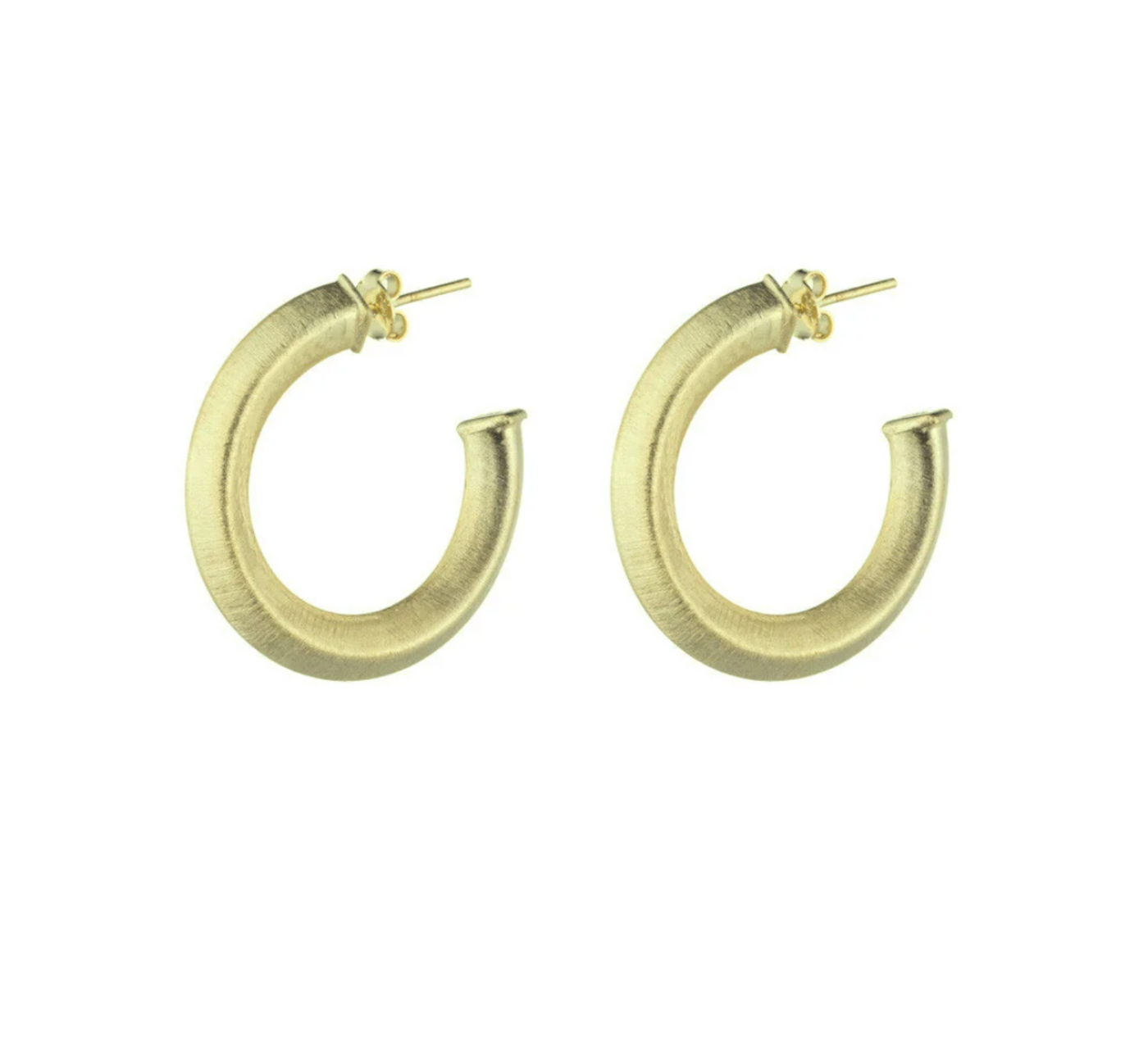 Gold brushed pyramid hoops on white background.