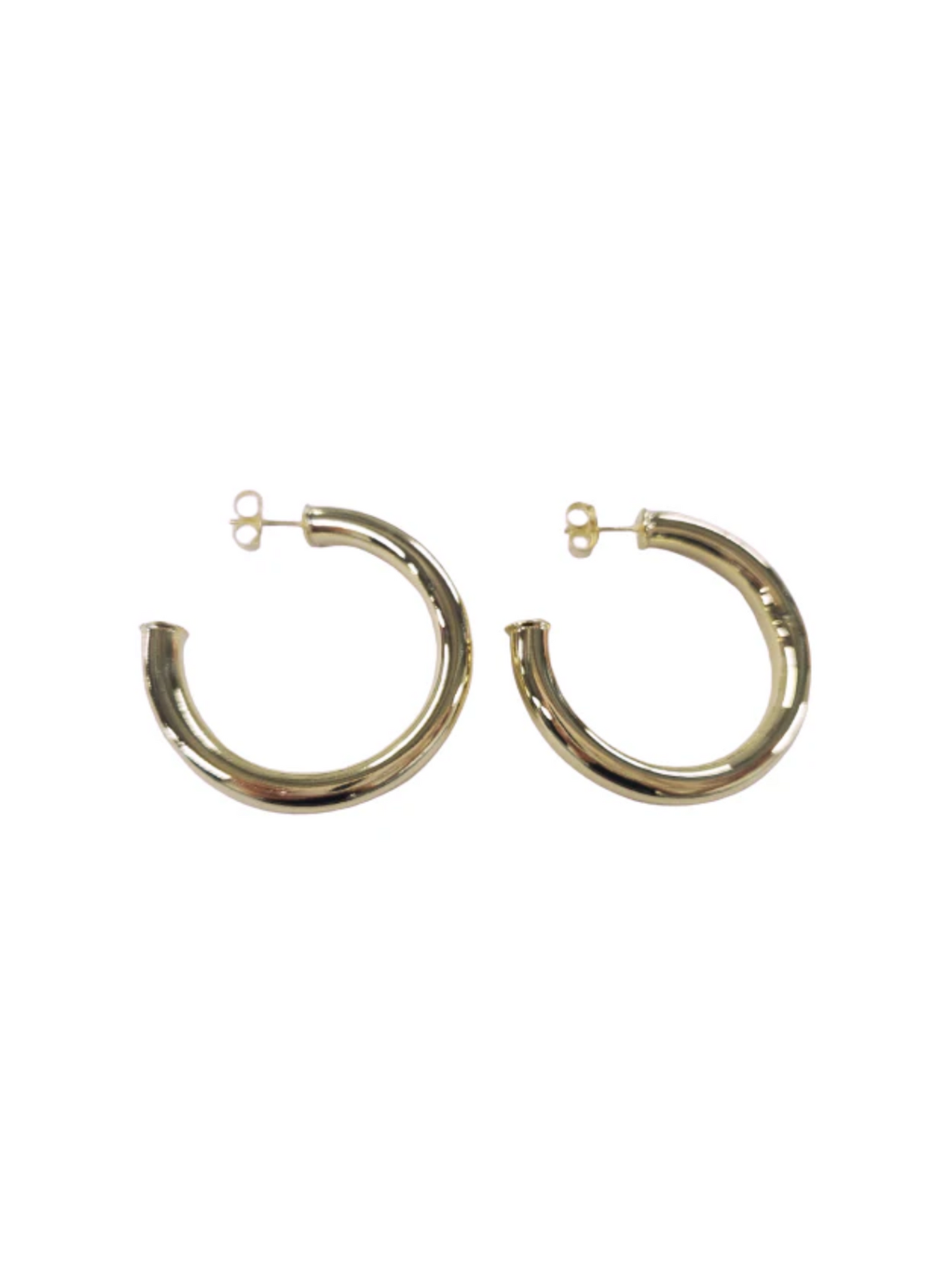 Shelia Fajl Shiny Chantal Hoops in shiny Gold on white background.