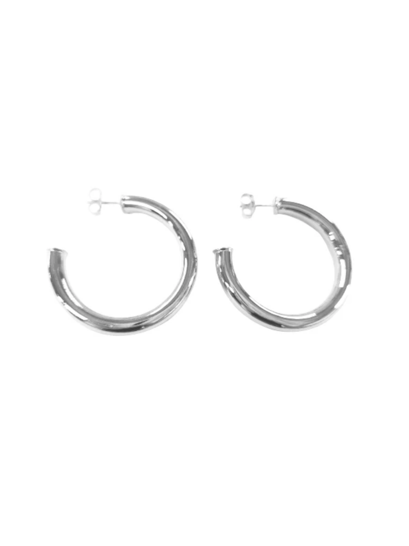 Shelia Fajl Shiny Chantal Hoops in Silver on white background.