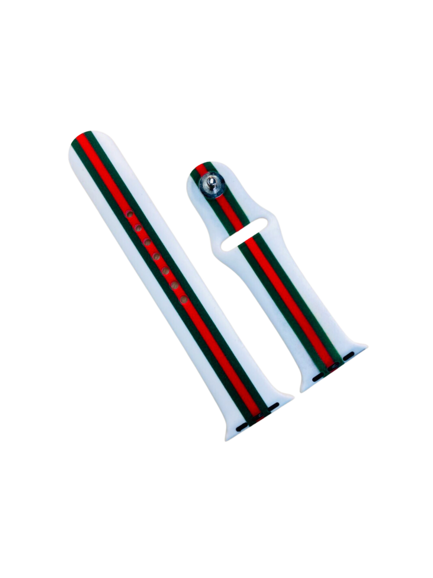 Red and Green Stripe Watch Band in white on white background.