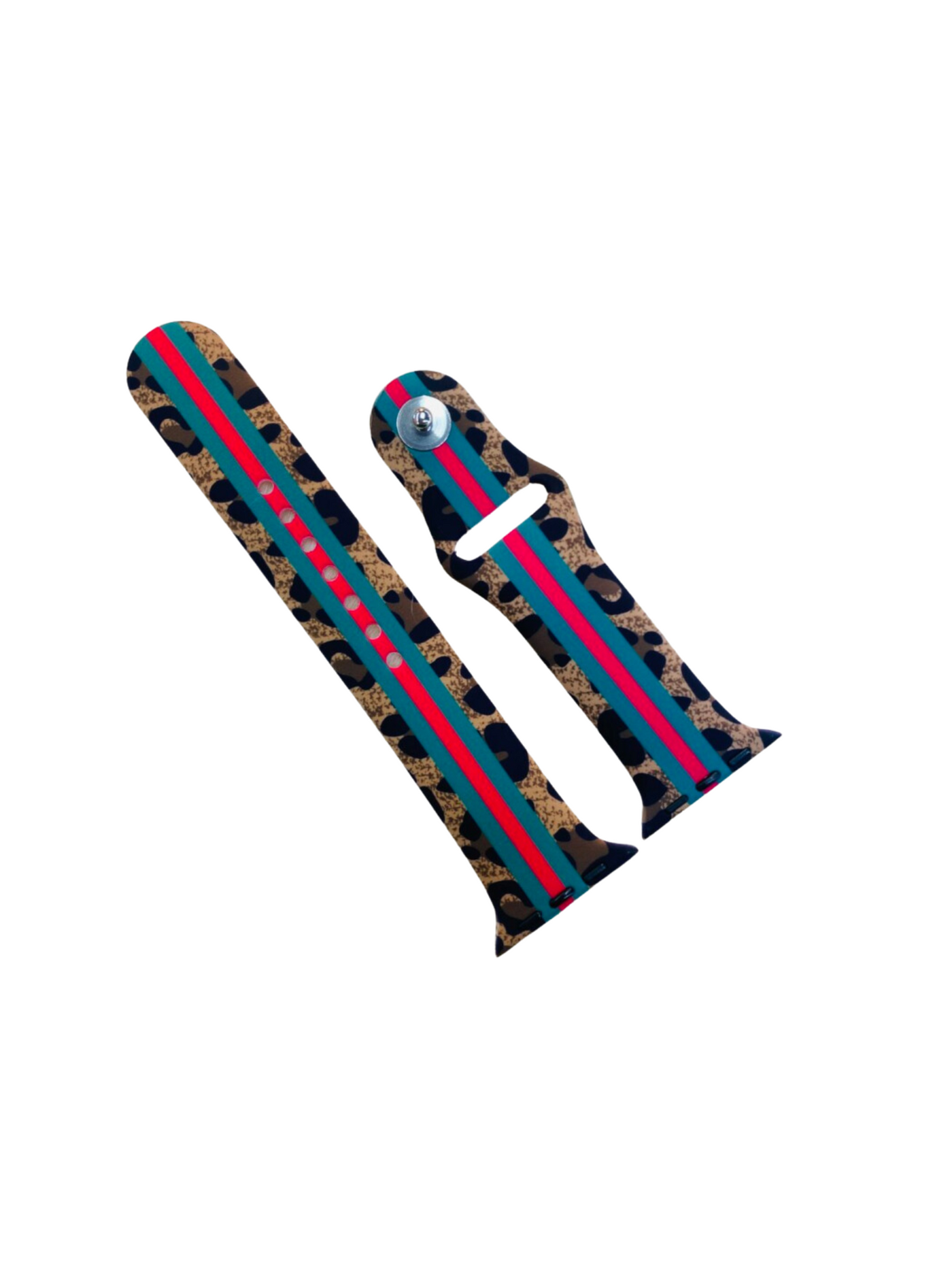 Red and Green Stripe on Leopard Smart Watch Band on white background.