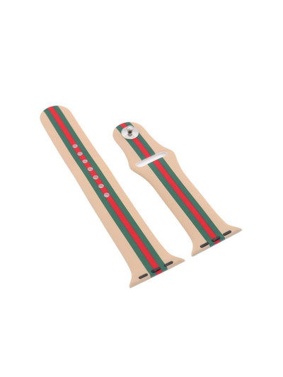 Red and Green Stripe Watch Band in tan on white background.