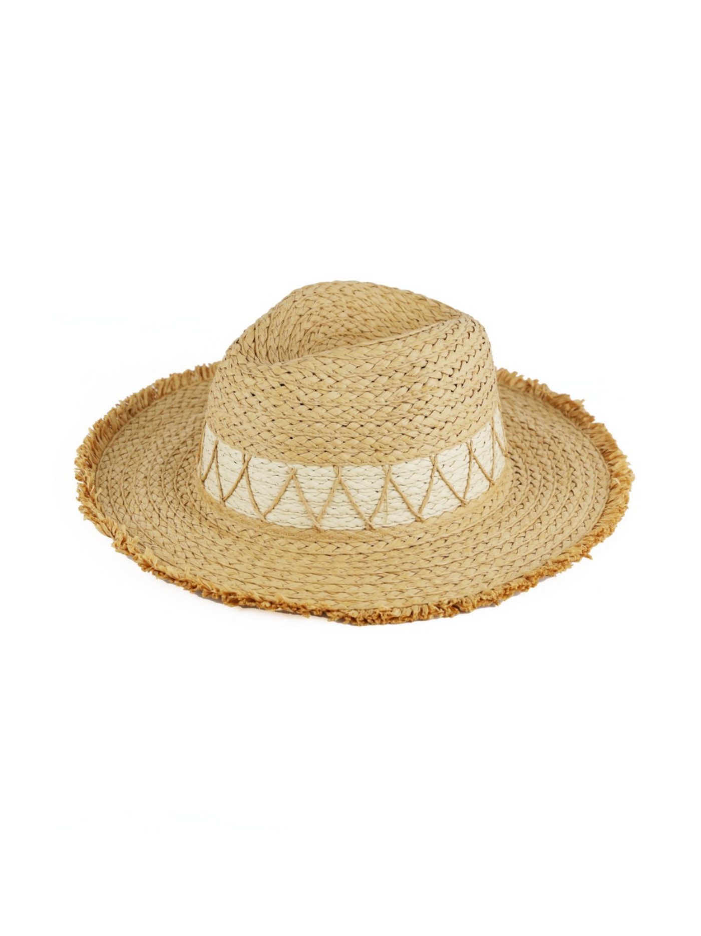 Chevron Band Frayed Straw Hat in natural color on white background, front view.