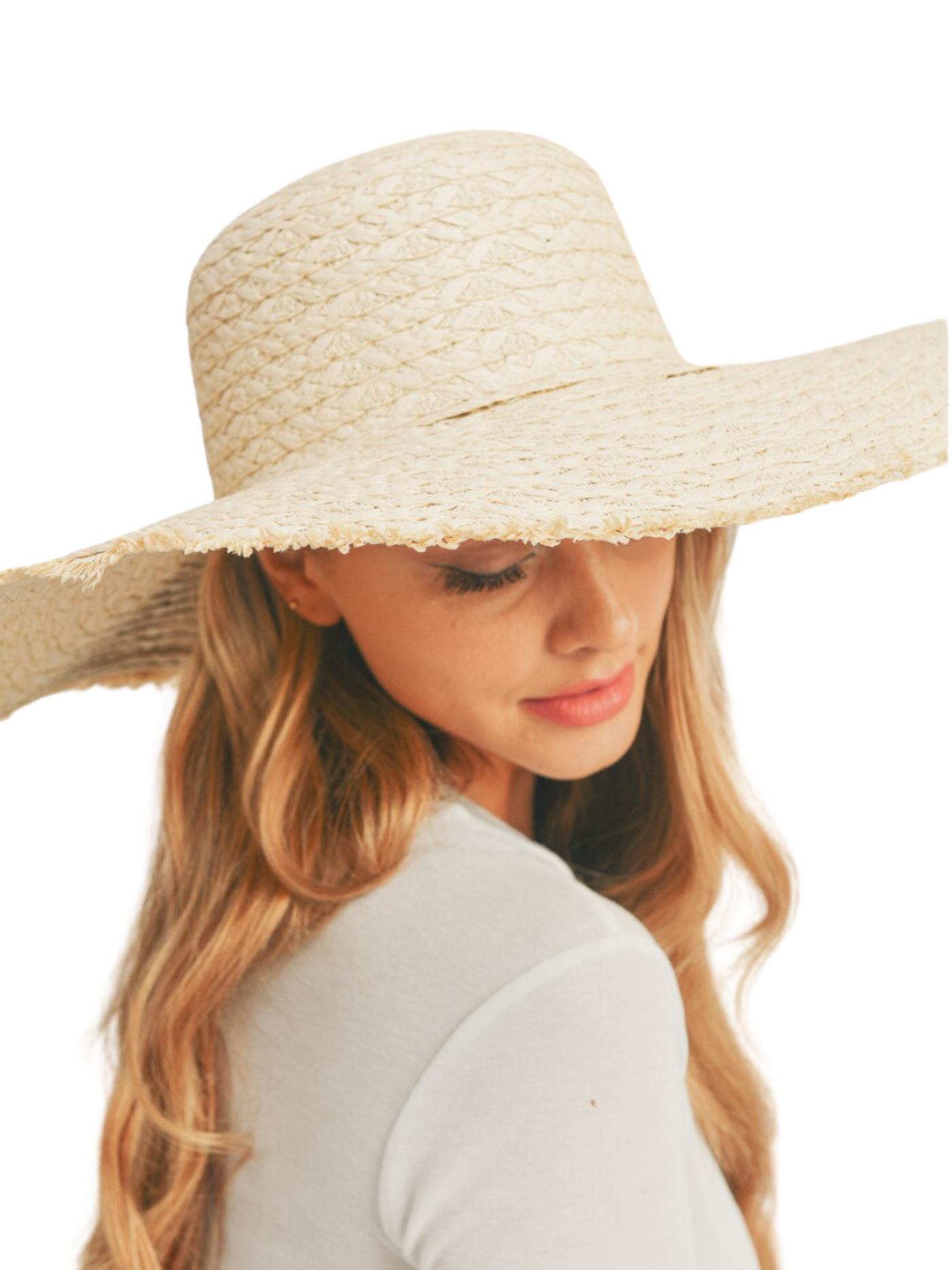 Wide Frayed Edge Straw Hat in Natural on model front view.