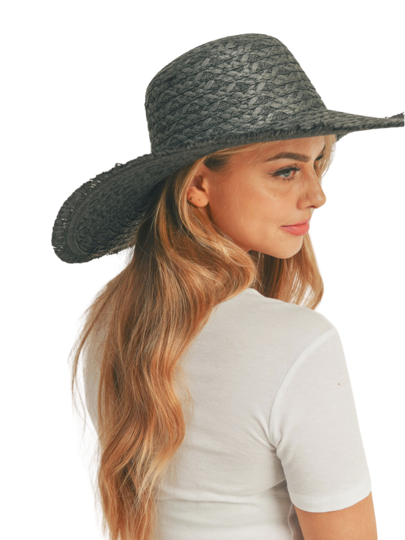 Wide Frayed Edge Straw Hat in black on model front view.