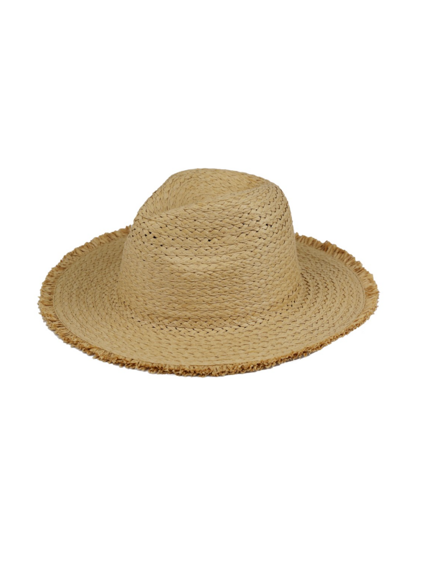 Frayed Edge Straw Hat in tan on white background, front view.