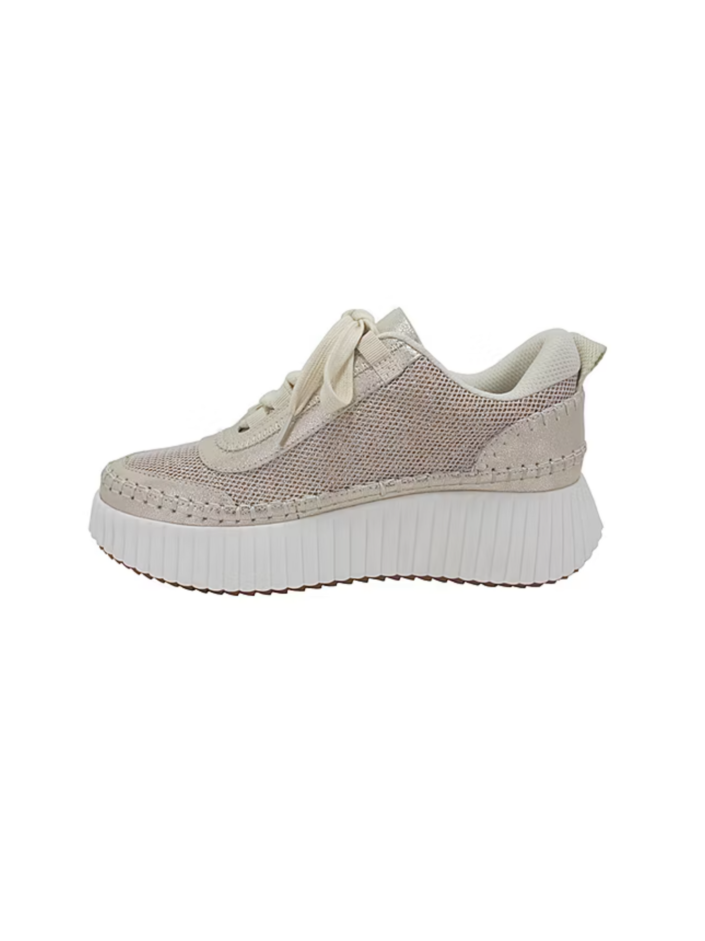 Duchess sneaker in light gold left side view.