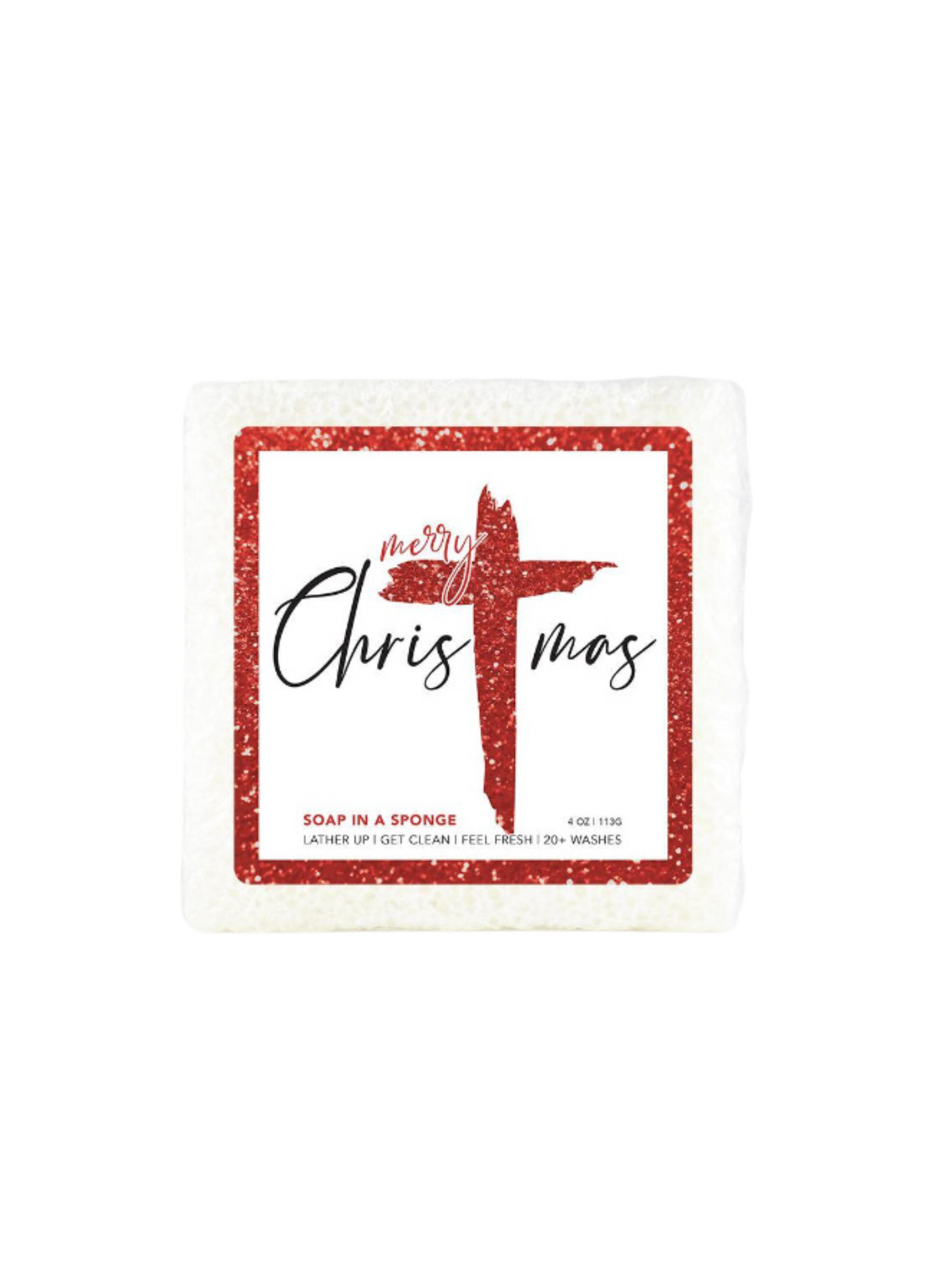 Soap sponge with cross decal and "Merry Christmas" on the front.