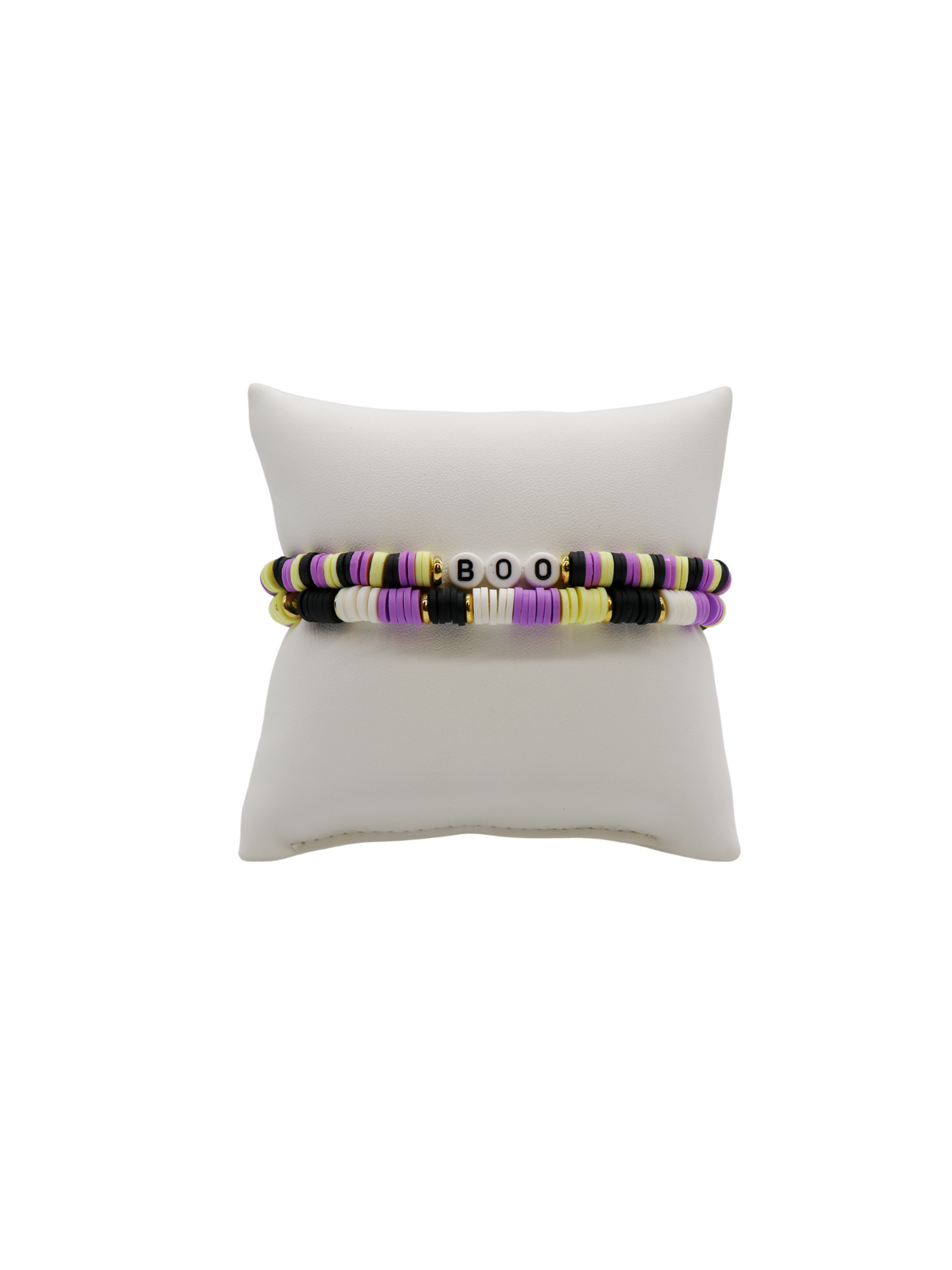 Set of two black, purple, and green striped bracelets with gold bead accents and "boo" letter beads.