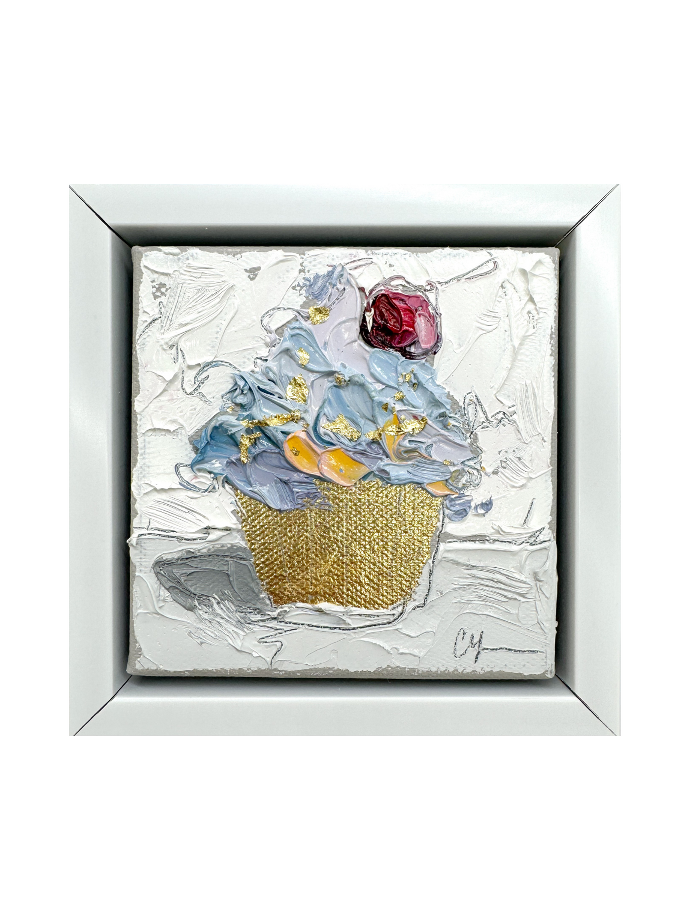 Blue cupcake with red cherry and gold foil wrapper painting on canvas.