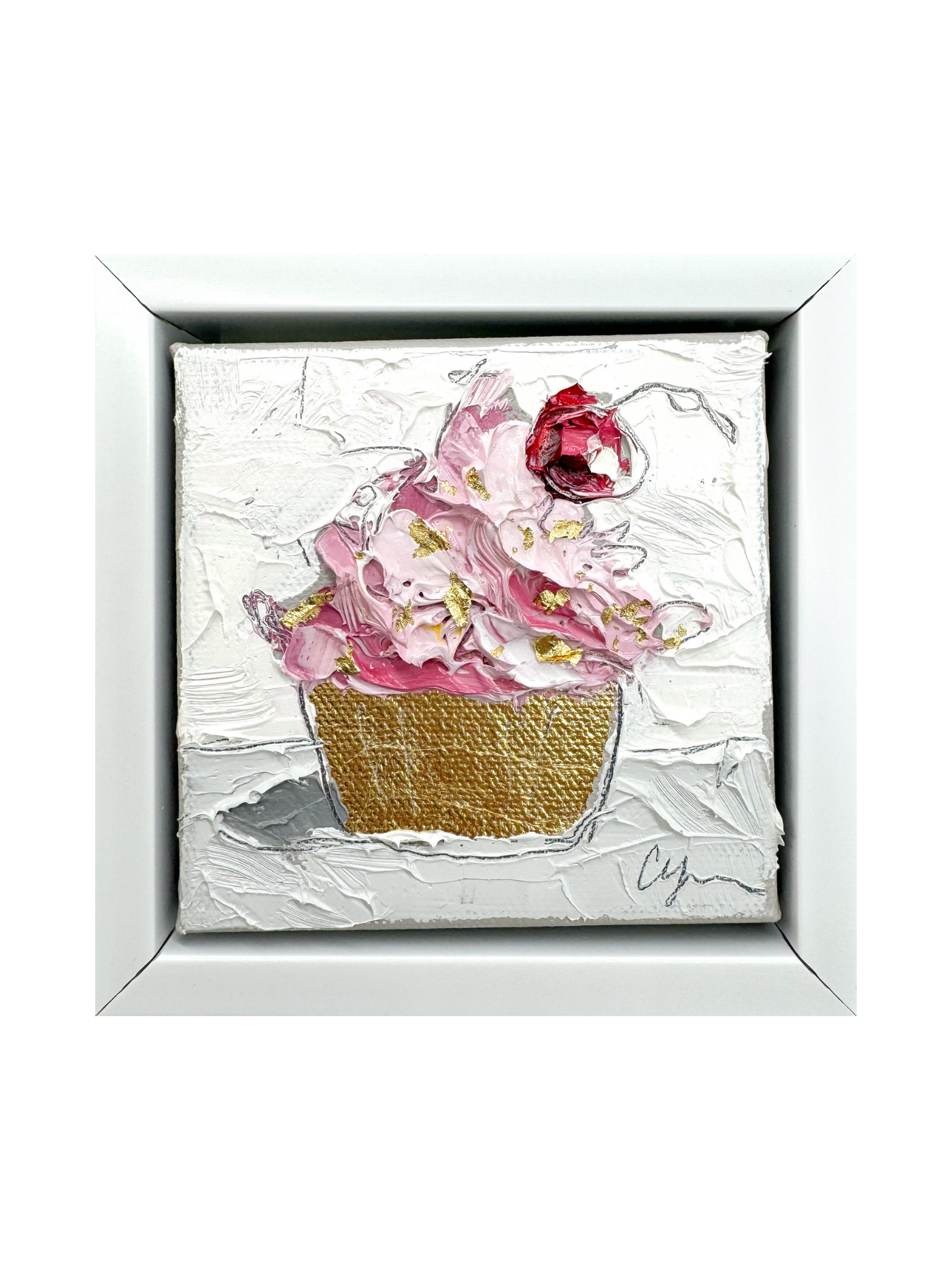 Pink cupcake with red cherry and gold foil wrapper oil painting on canvas.