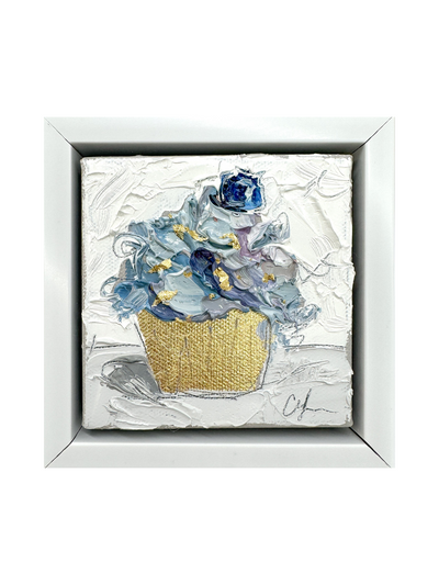 Blue cupcake with blueberry and gold foil wrapper oil painting on canvas.