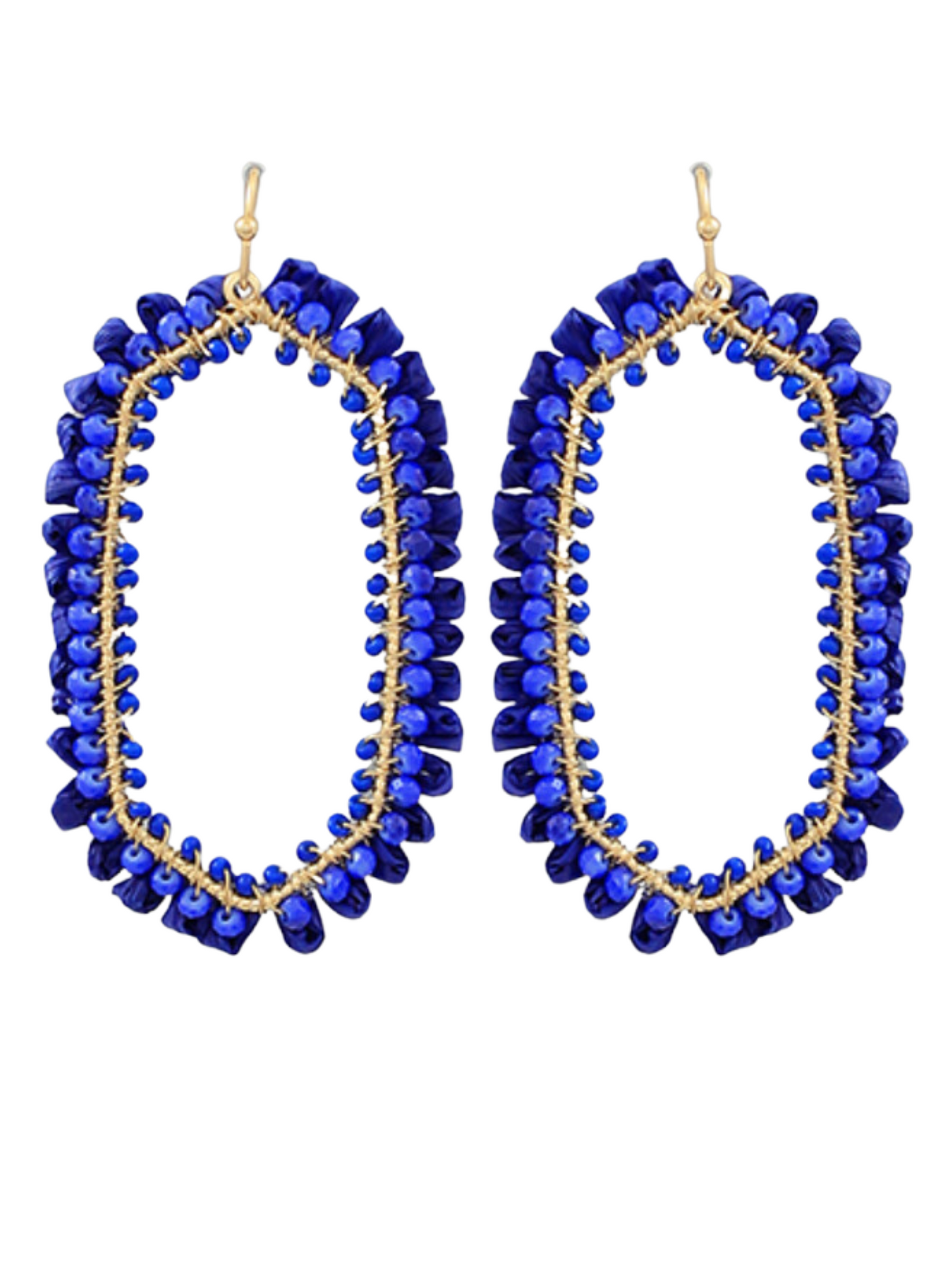 Blue Raffia Beaded Hexagon Earrings on white background.