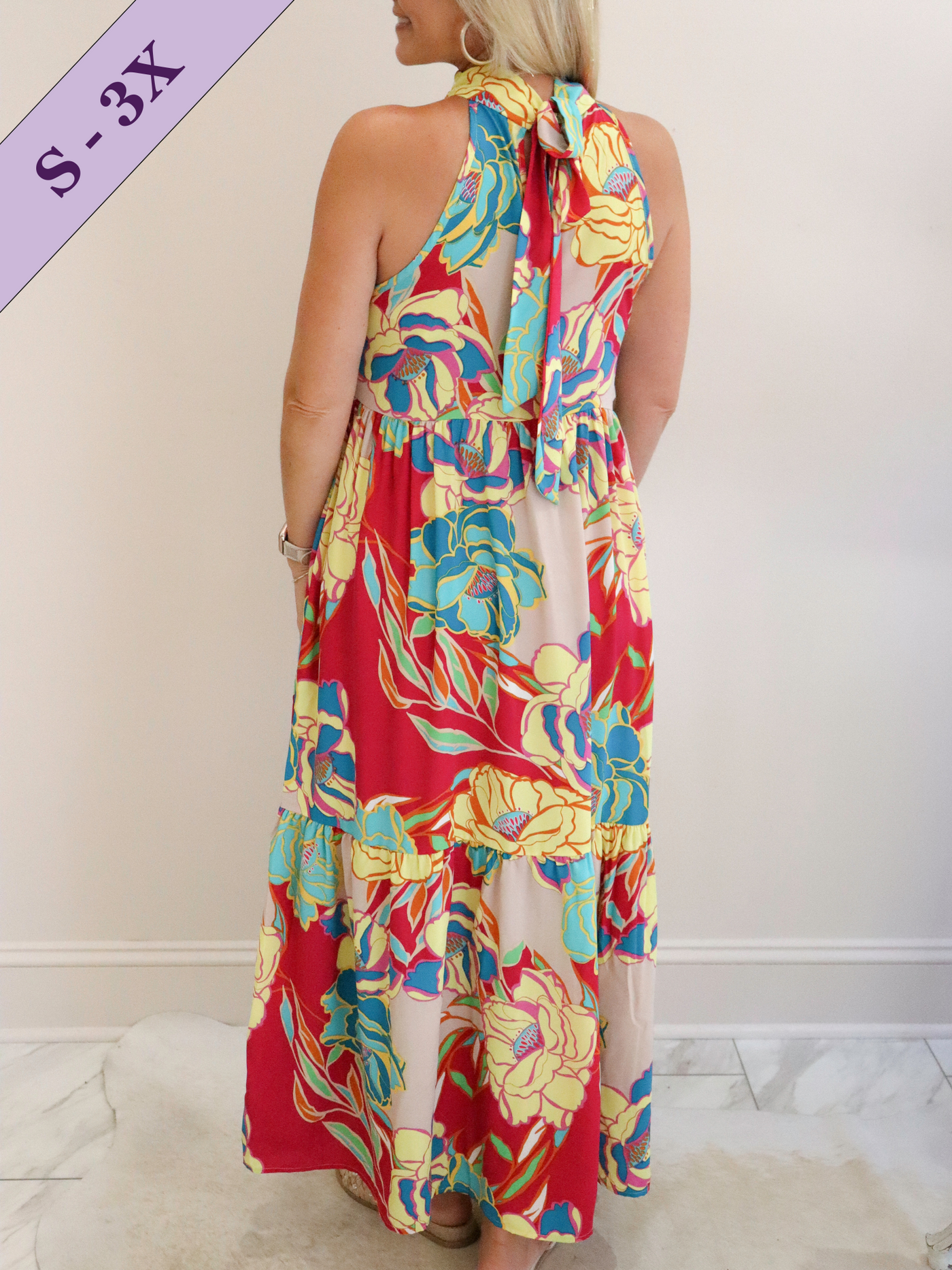 Malibu Dreaming Halter Maxi Dress, size small on model, full body back view.