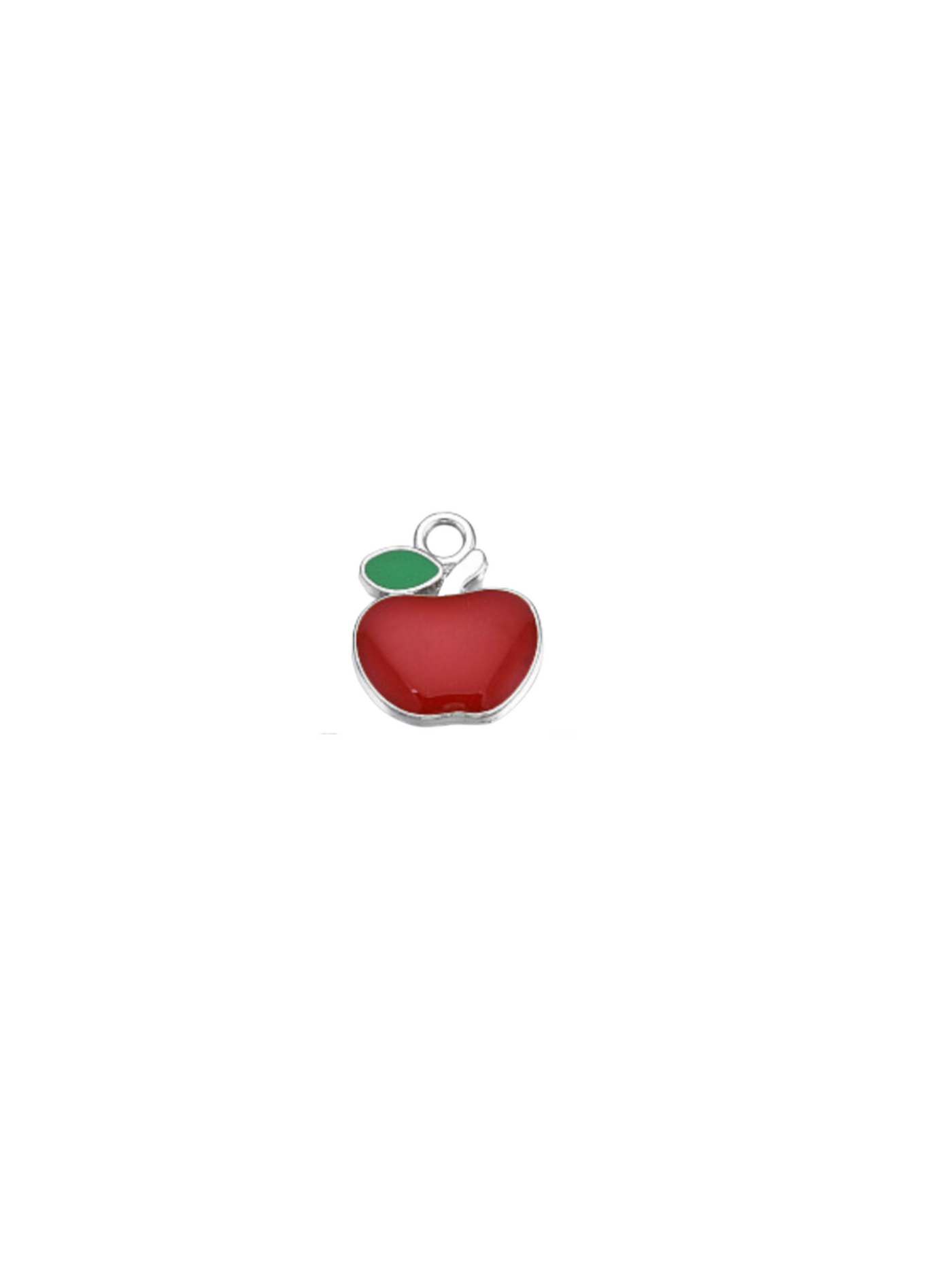 Red apple charm in silver on white background.