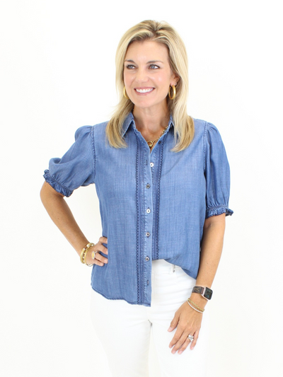 Chambray Puff Sleeve Top - Blue front view.