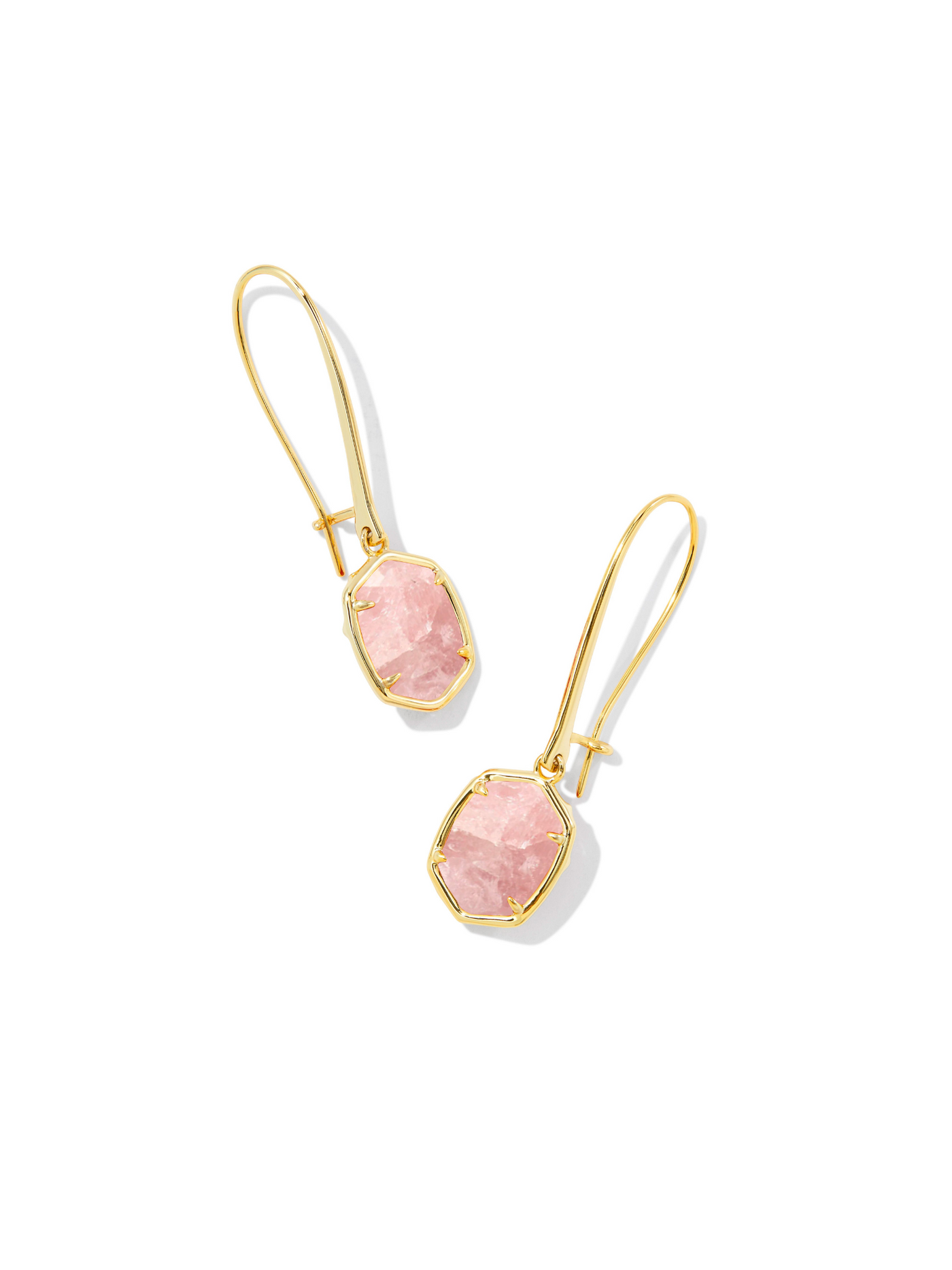 Kendra Scott Daphne Wire Drop Earrings in Gold Rose Quartz on white background.