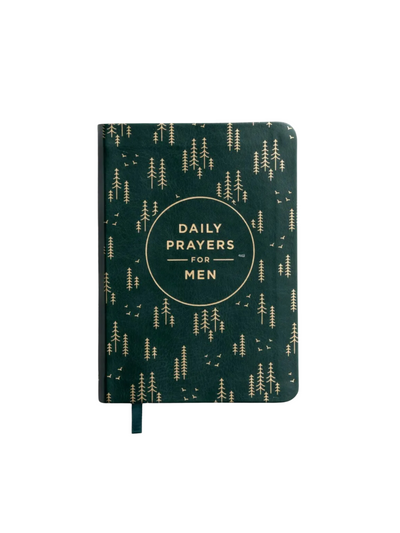 Green devotional book with gold trees and "daily prayers for men."