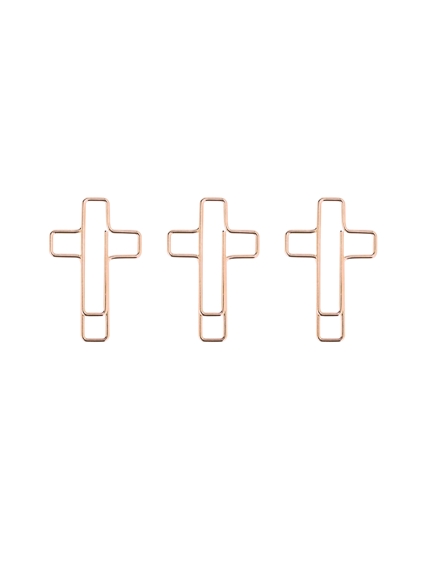 3 rose gold cross shaped paper clips.