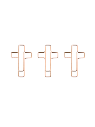 3 rose gold cross shaped paper clips.