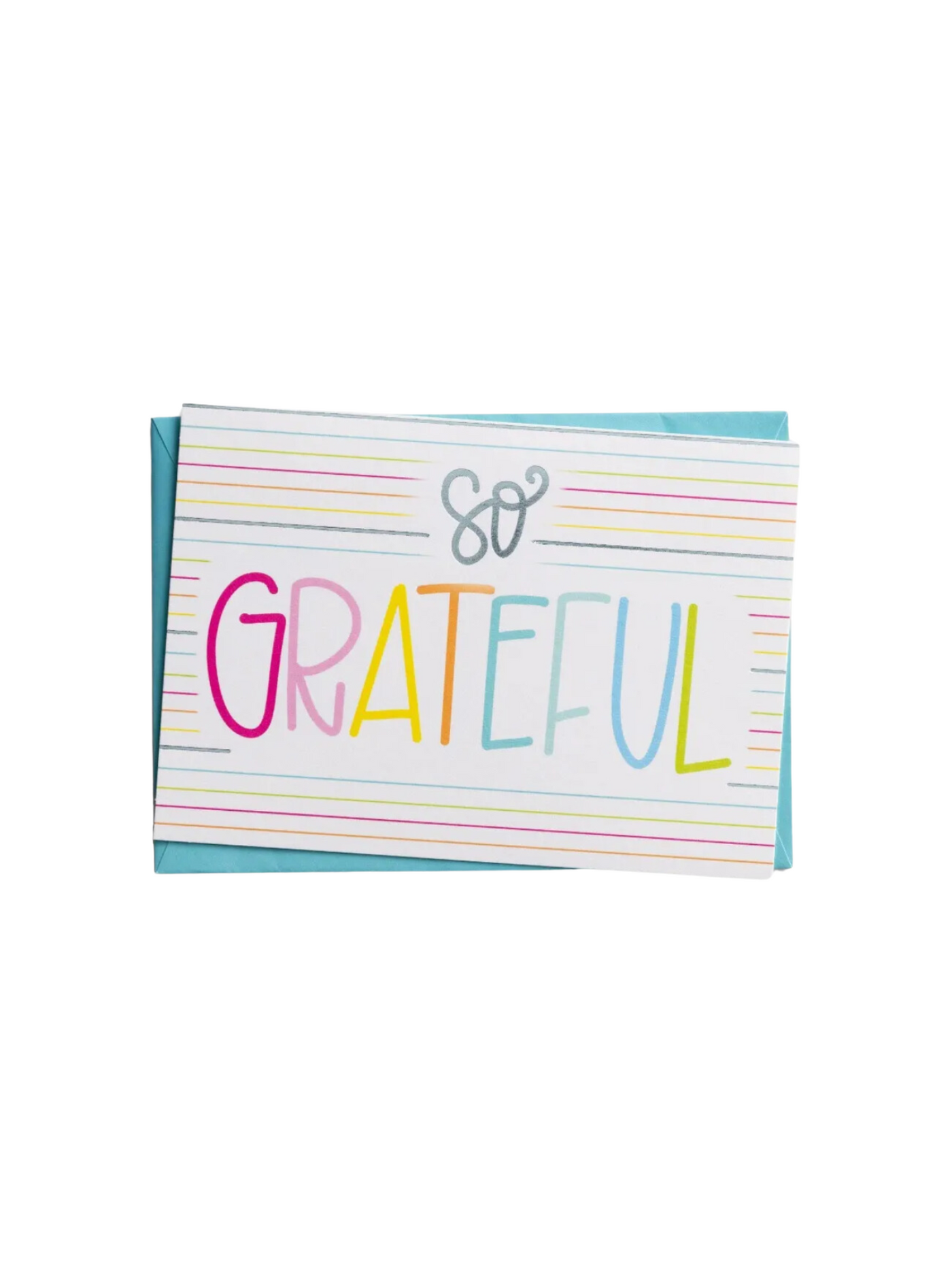 So Grateful rainbow stripe note card with turquoise envelope.