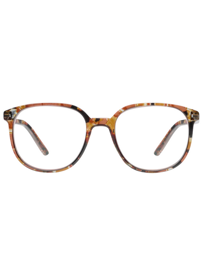 Round frame reading glasses in caramel quartz, front view.