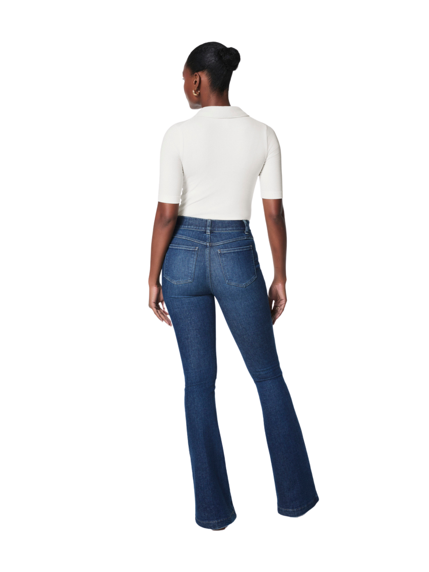 Flare Jeans on model, rear view.