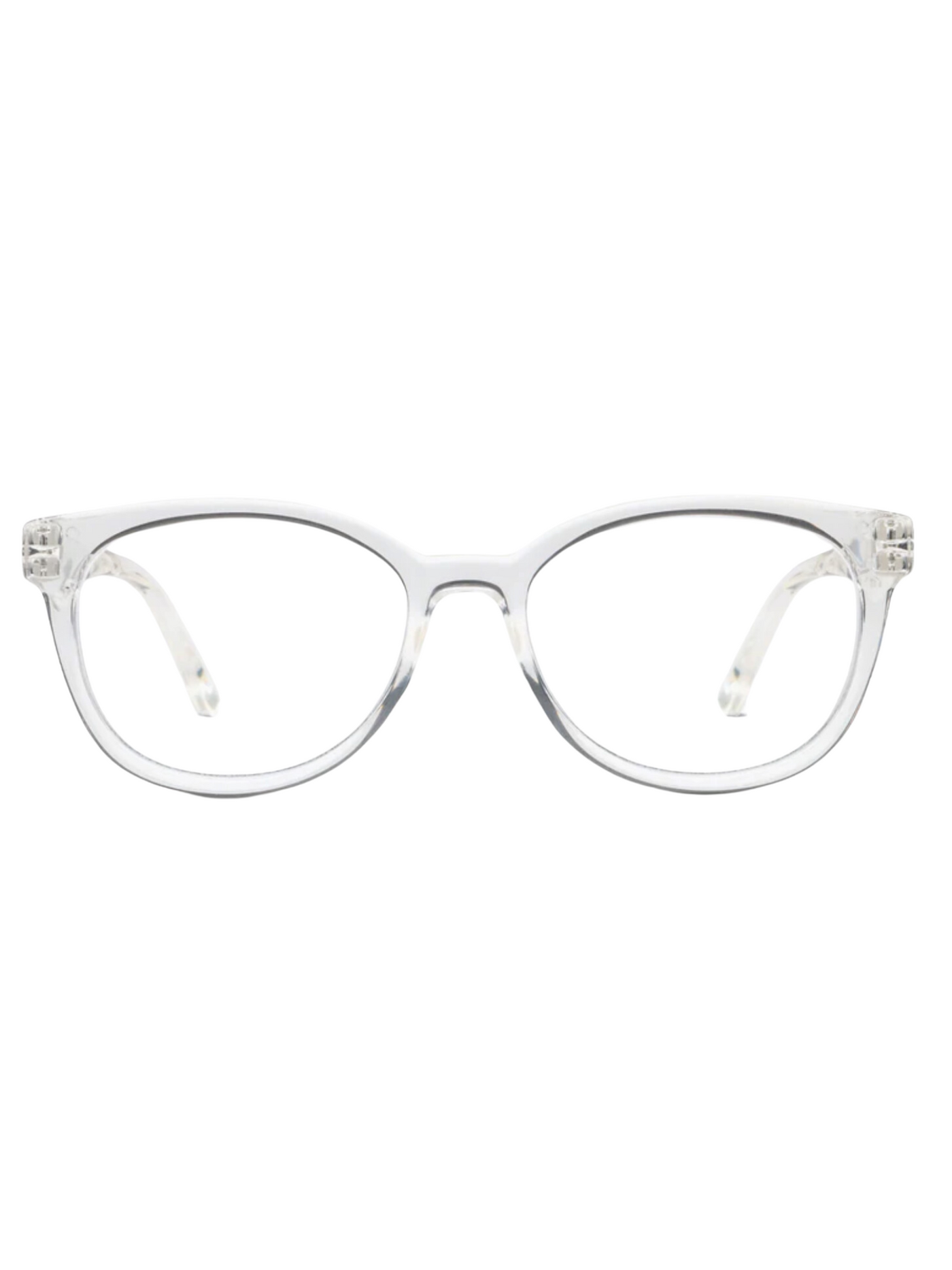 Clear round frame reading glasses, front view.