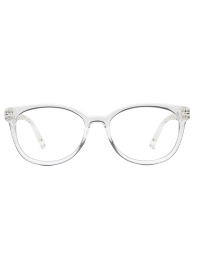 Clear round frame reading glasses, front view.