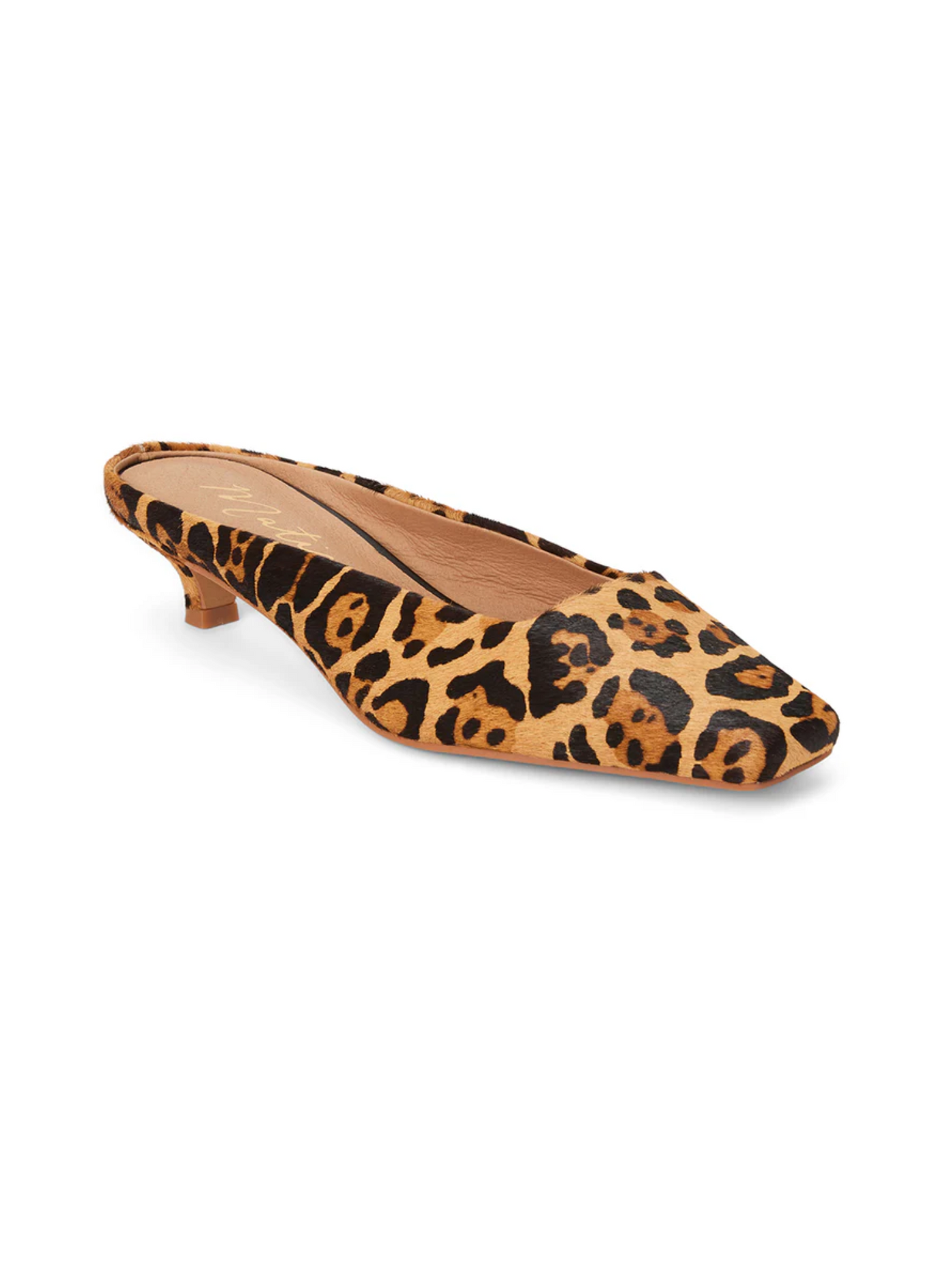 Cowhide leopard print kitten heel mule, front.