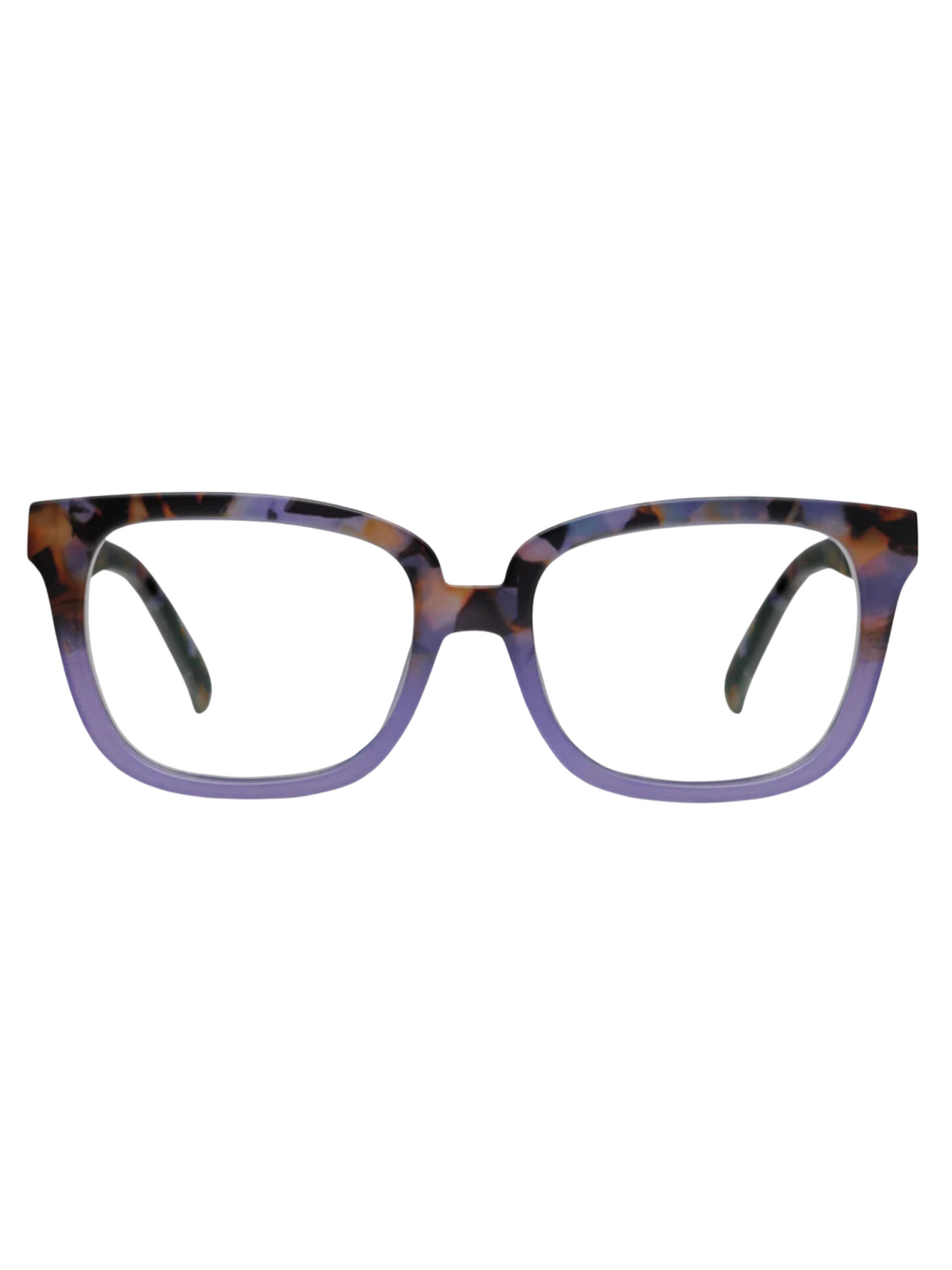 Purple tortoise and purple gradient square framed glasses, front view.