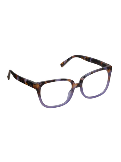 Purple tortoise and purple gradient square framed glasses, side view.