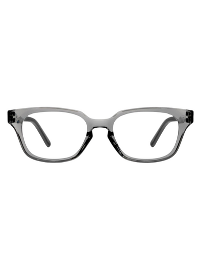 Gray rectangle frame reading glasses, front view.