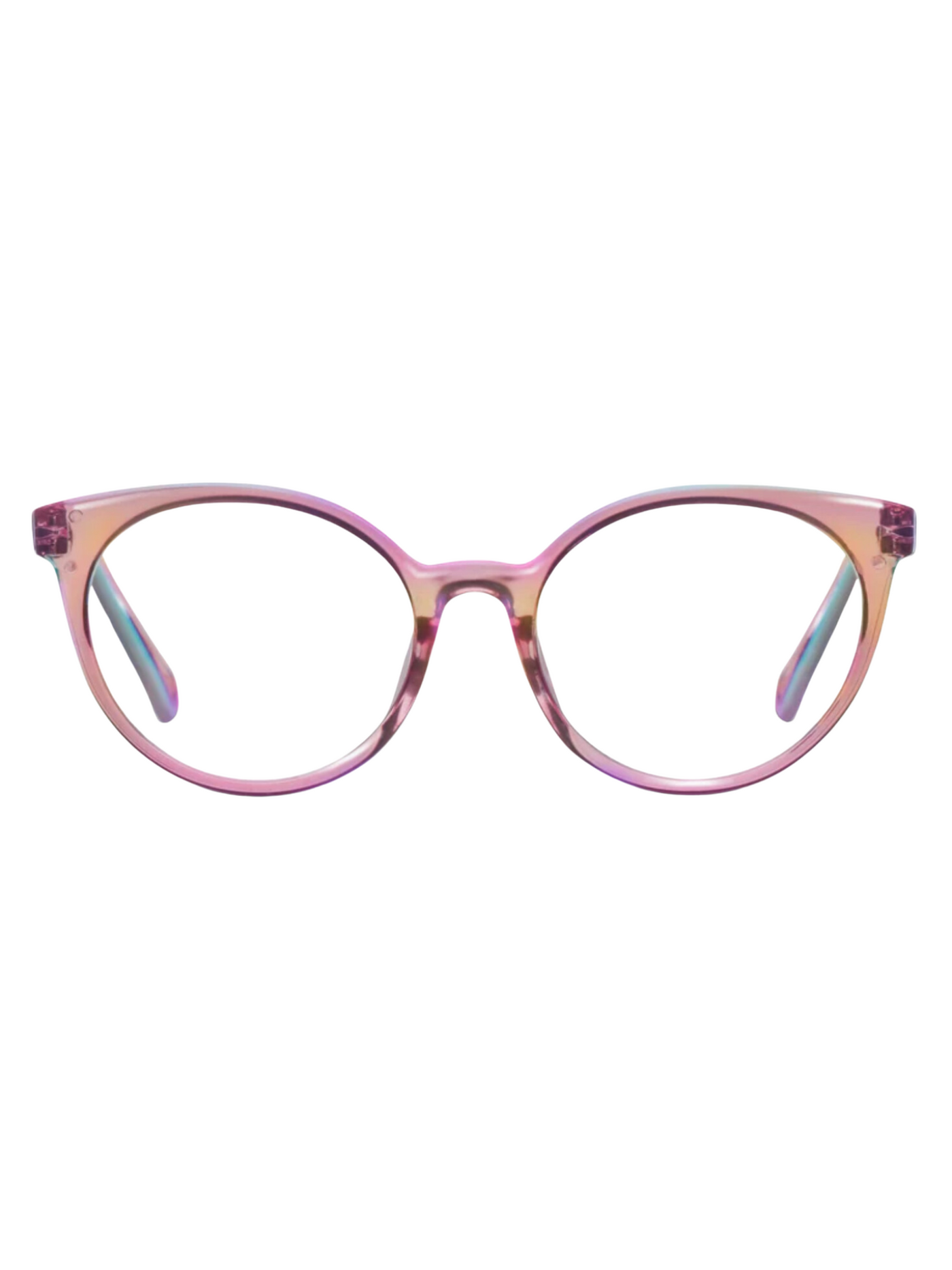 Blush Iridescent round frame reading glasses, front view.