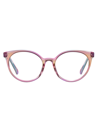 Blush Iridescent round frame reading glasses, front view.