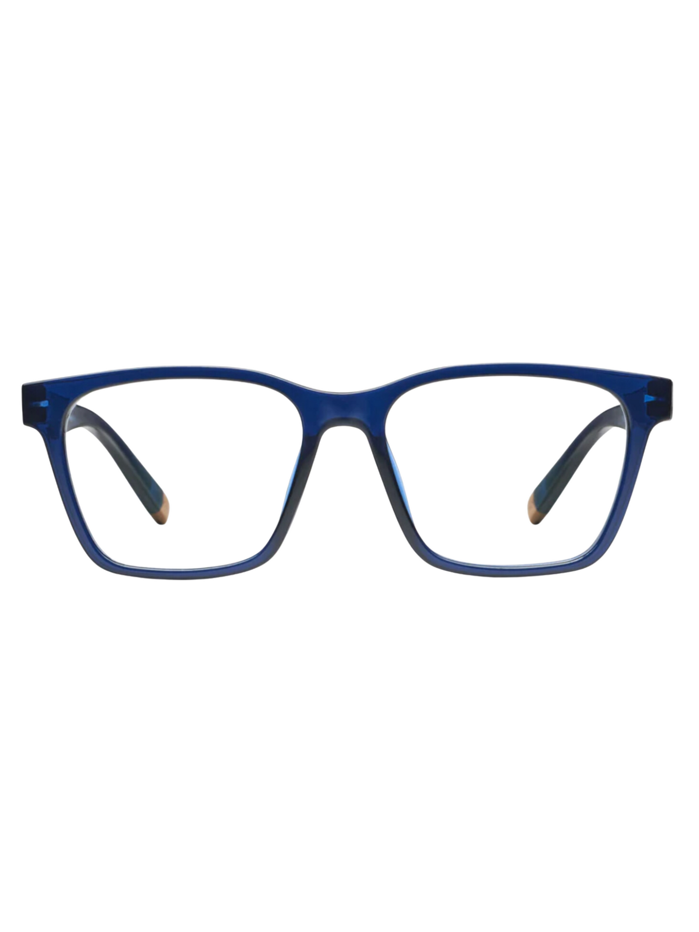 Navy blue square frame reading glasses, front view.