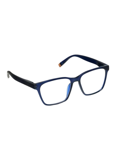 Navy blue square frame reading glasses, side view.