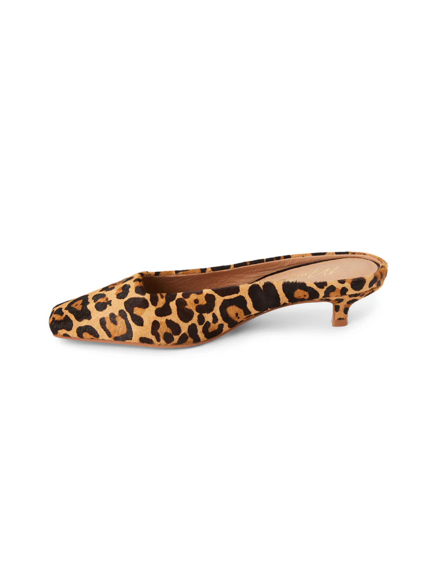 Cowhide leopard print kitten heel mule, left side.