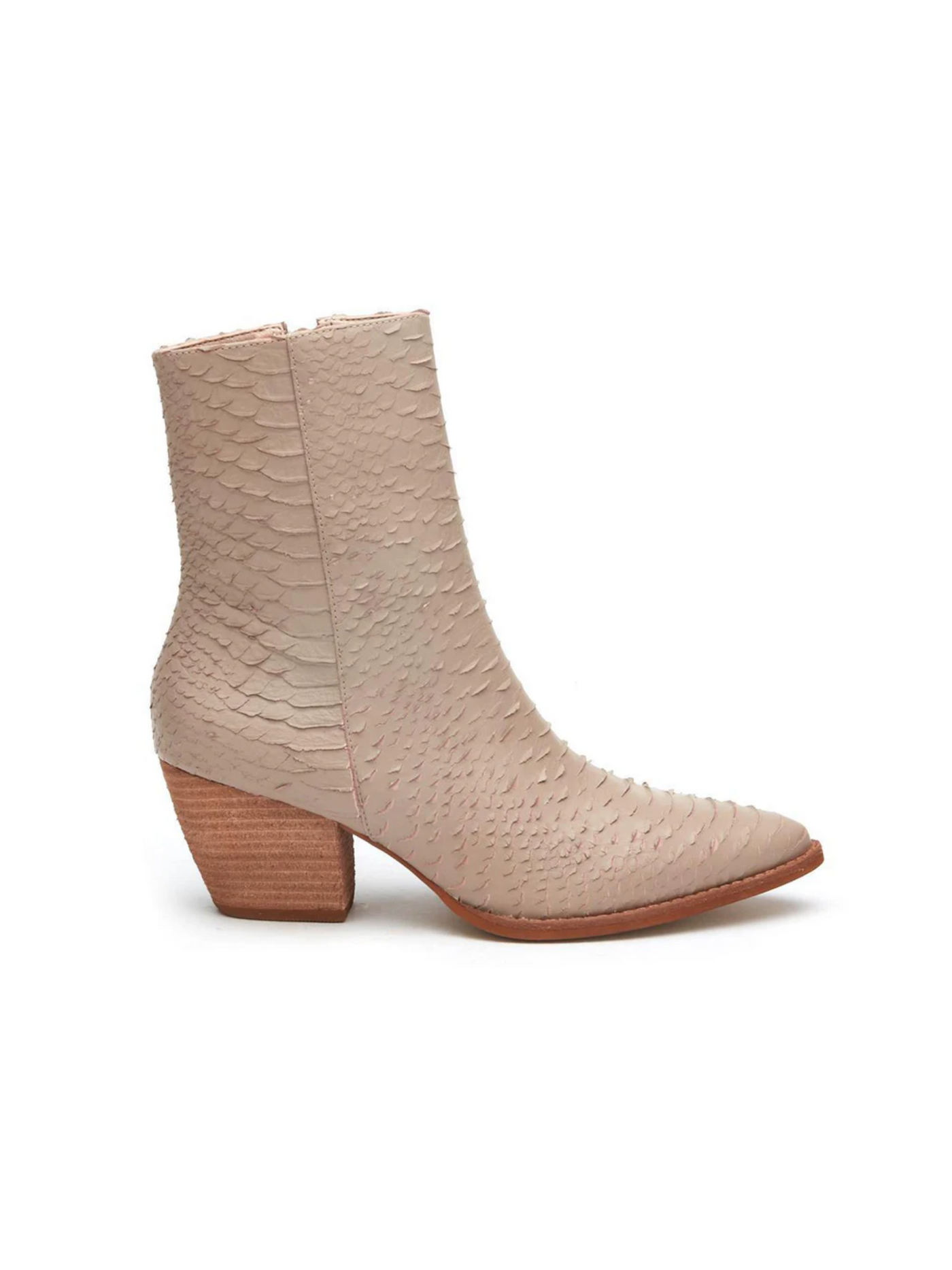 Ivory snakeskin  heeled ankle boot, right side.