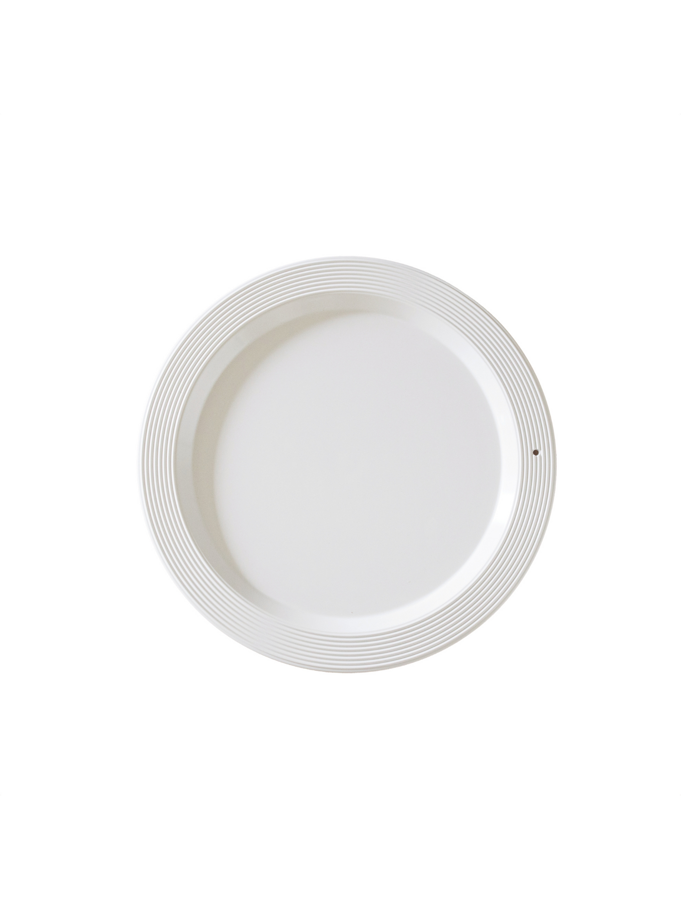 Melamine round platter with pinstripe boarder. 