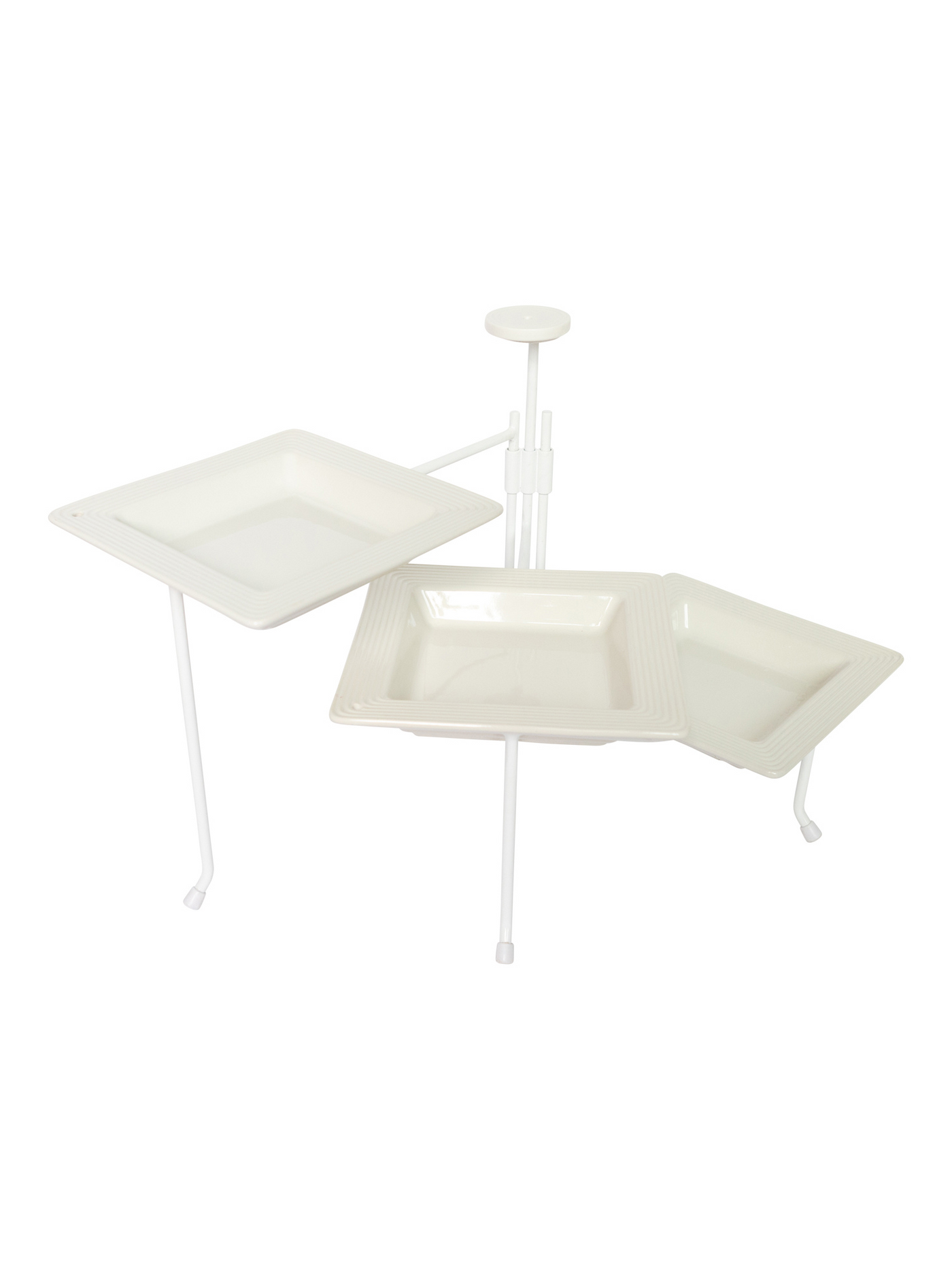 Square triple tier serving stand with platters.