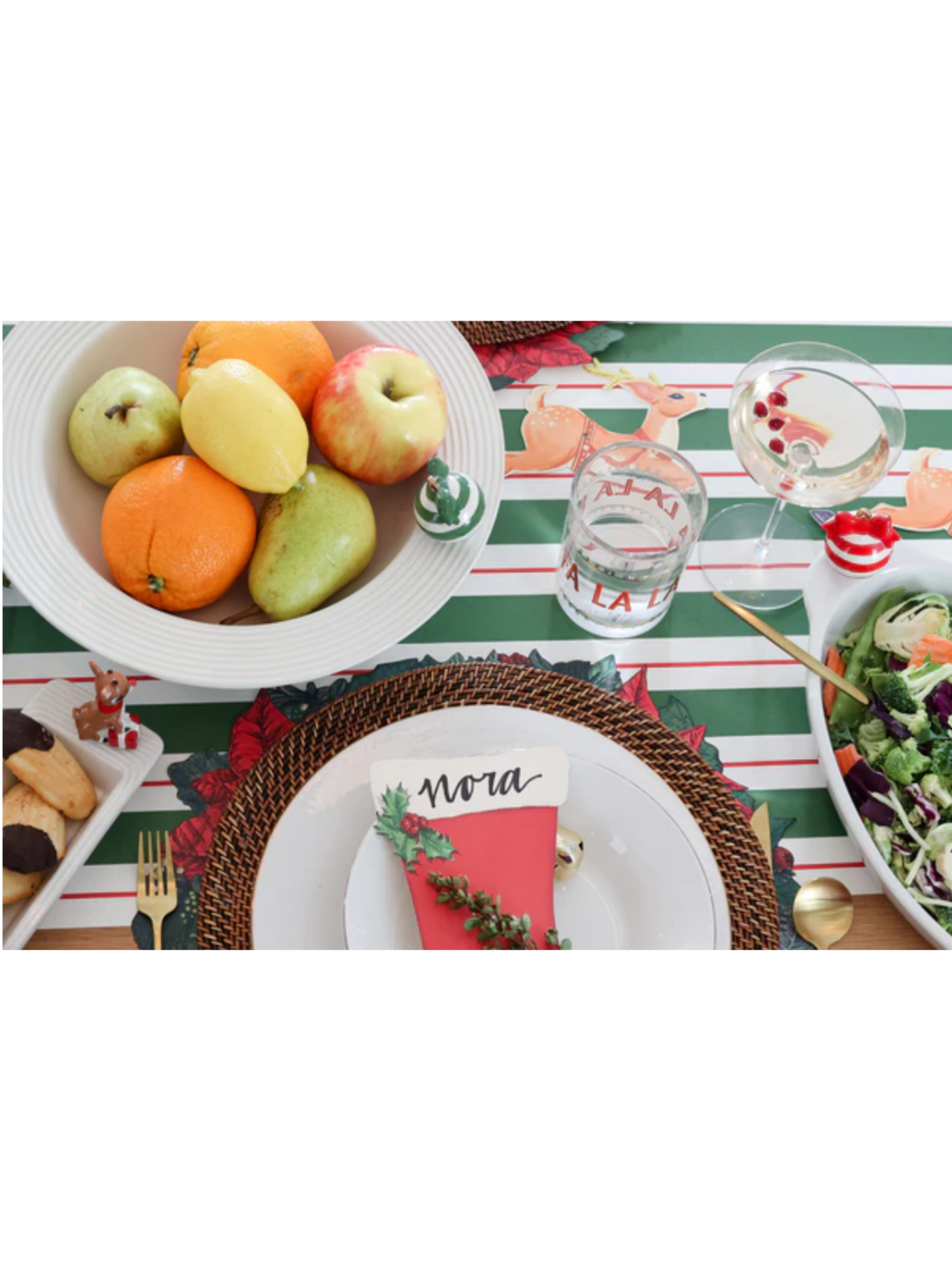 Table-scape with small melamine pinstripe bowl.